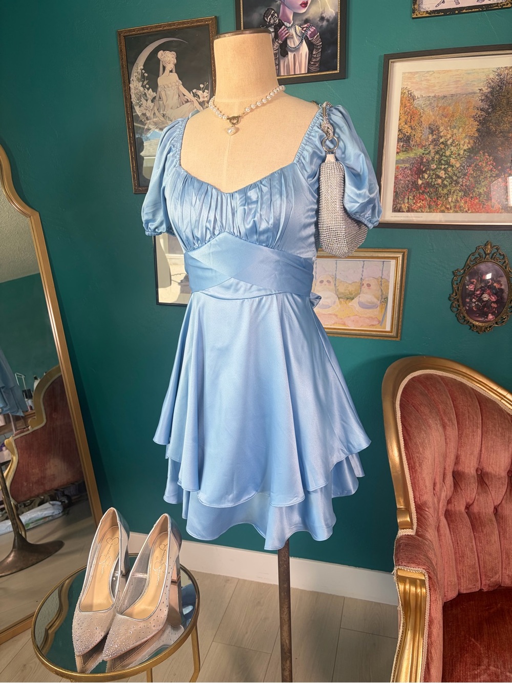 B. Smart Baby Blue Satin Puff Sleeve Tiered Mini Dress Size 1